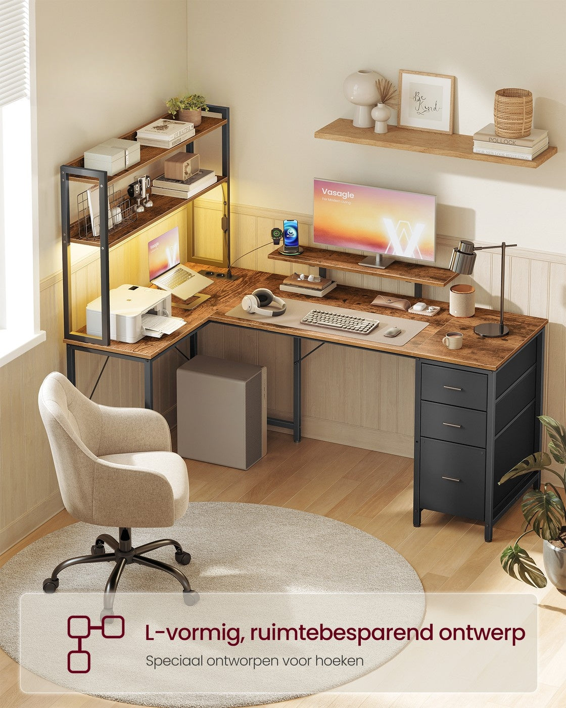 L-vormig Hoekbureau met LED-verlichting, Stopcontacten en 3 Lades