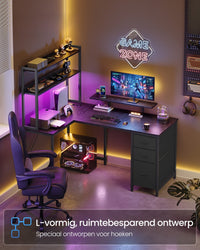 L-vormig Hoekbureau met LED-verlichting, Stopcontacten en 3 Lades