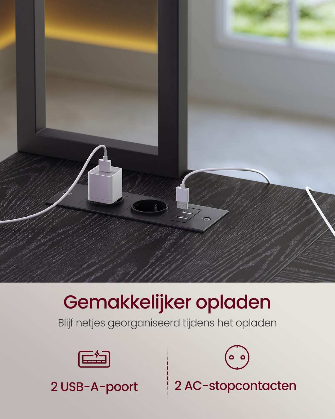 L-vormig Hoekbureau met LED-verlichting, Stopcontacten en 3 Lades