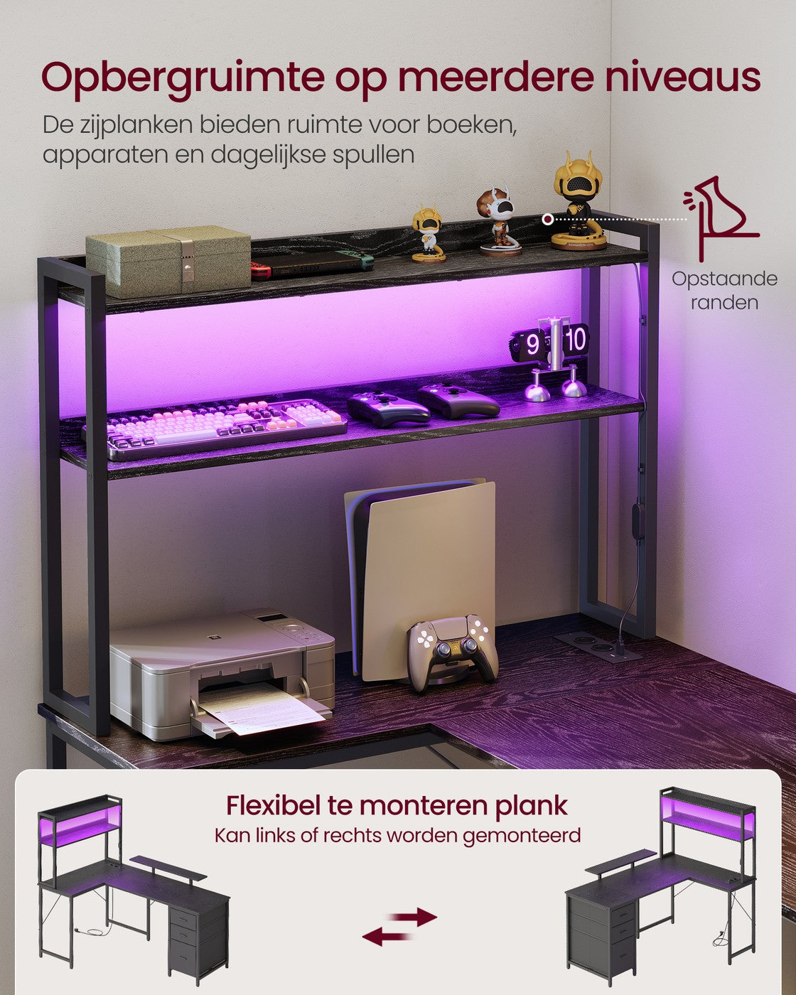 L-vormig Hoekbureau met LED-verlichting, Stopcontacten en 3 Lades