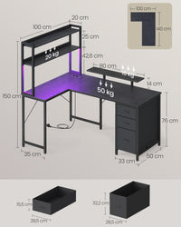 L-vormig Hoekbureau met LED-verlichting, Stopcontacten en 3 Lades