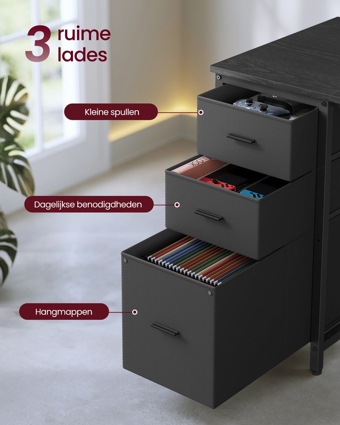 L-vormig Hoekbureau met LED-verlichting, Stopcontacten en 3 Lades