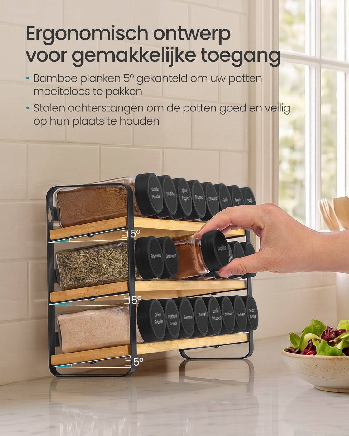 Draaibare Kruidencarrousel van Bamboe met Glazen Potjes