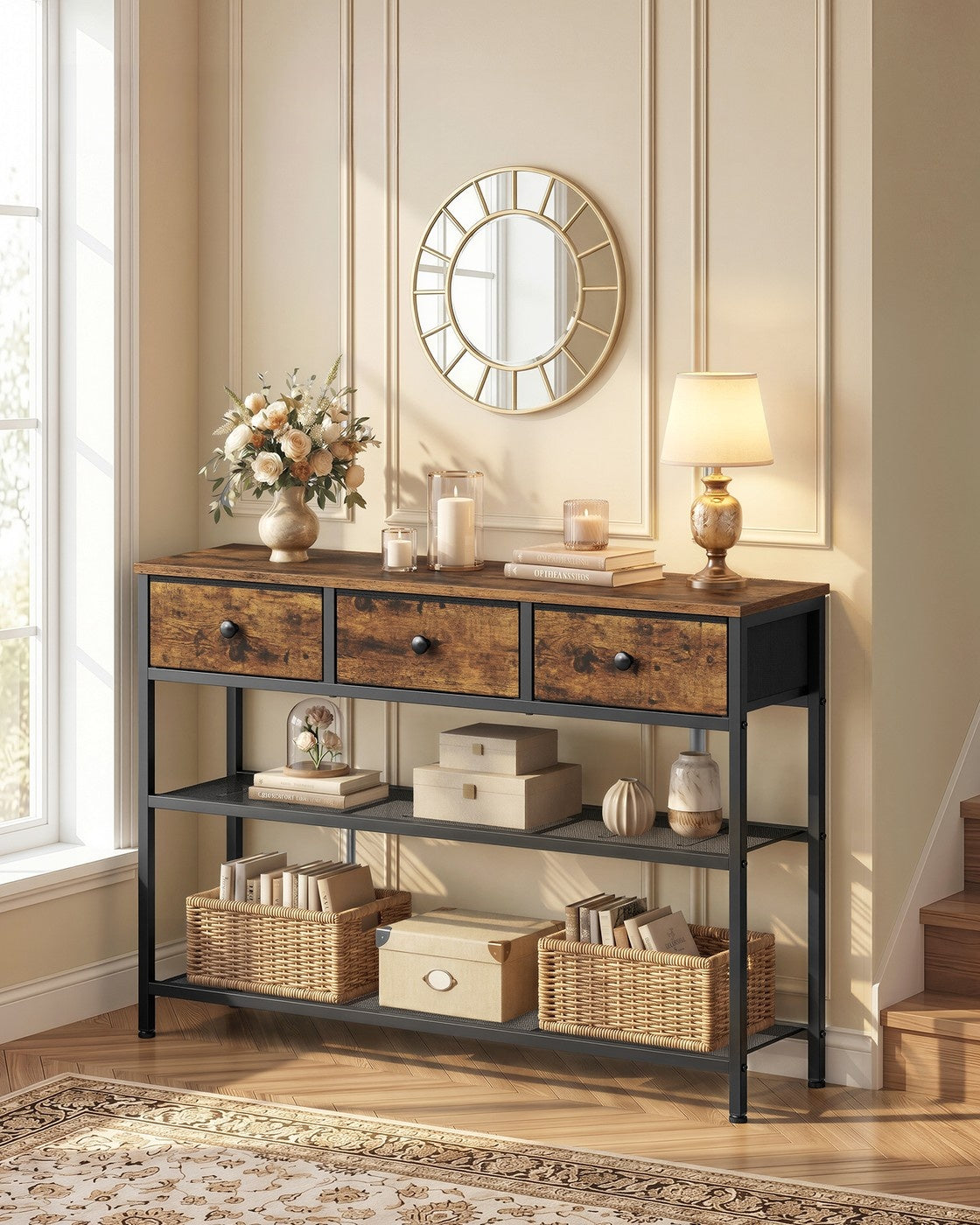Consoletafel met 3 Stoffen Lades en 2 Roosterplanken, 98,8 cm