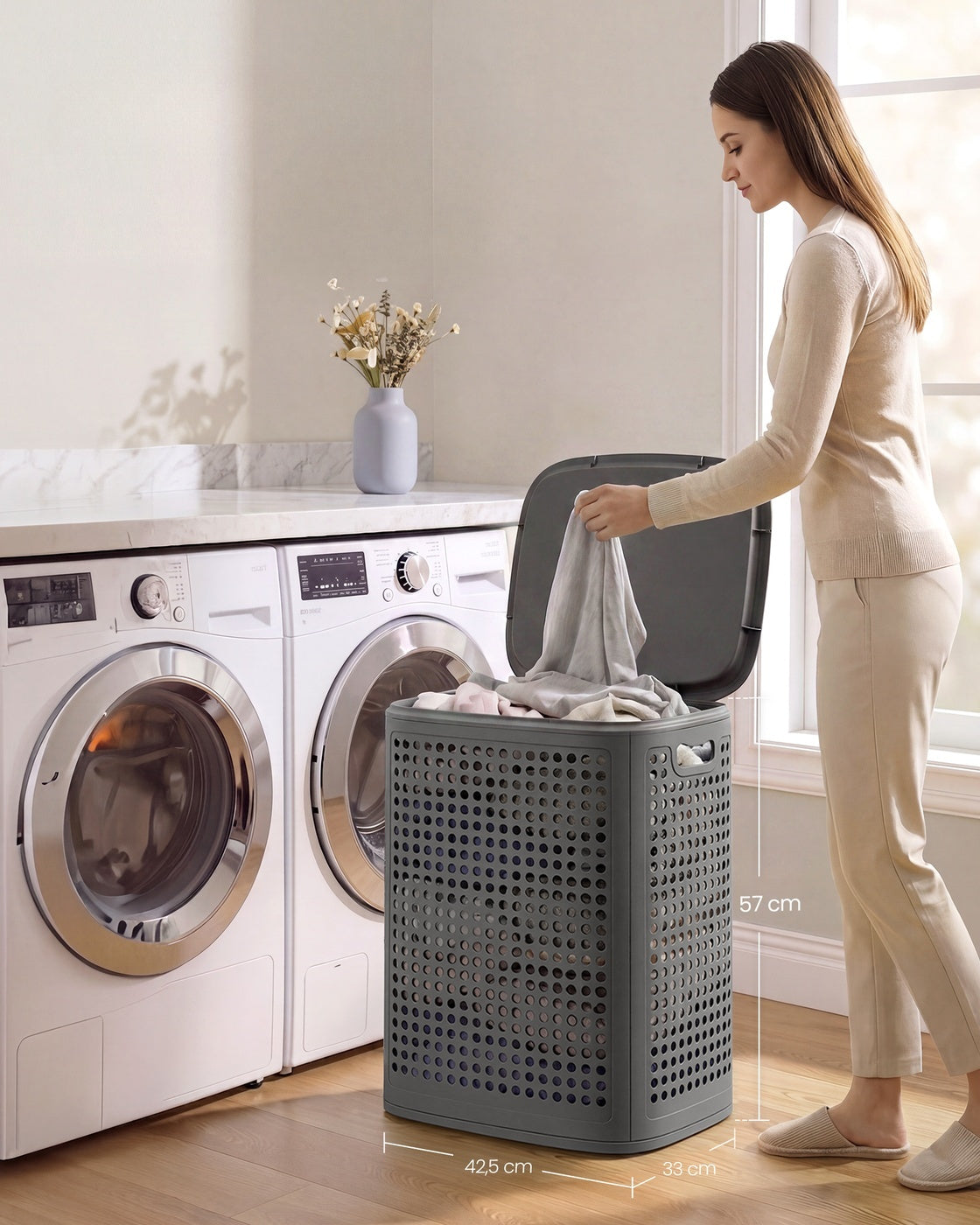 Smalle Wasmand met Deksel van Kunststof, 75 L