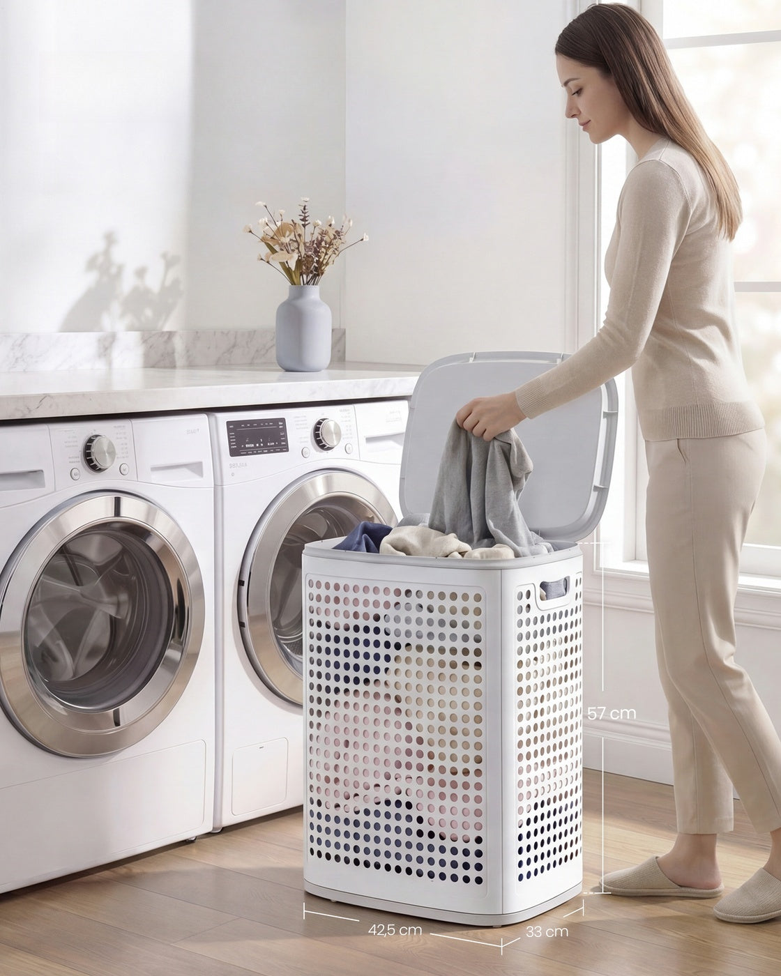 Smalle Wasmand met Deksel van Kunststof, 75 L