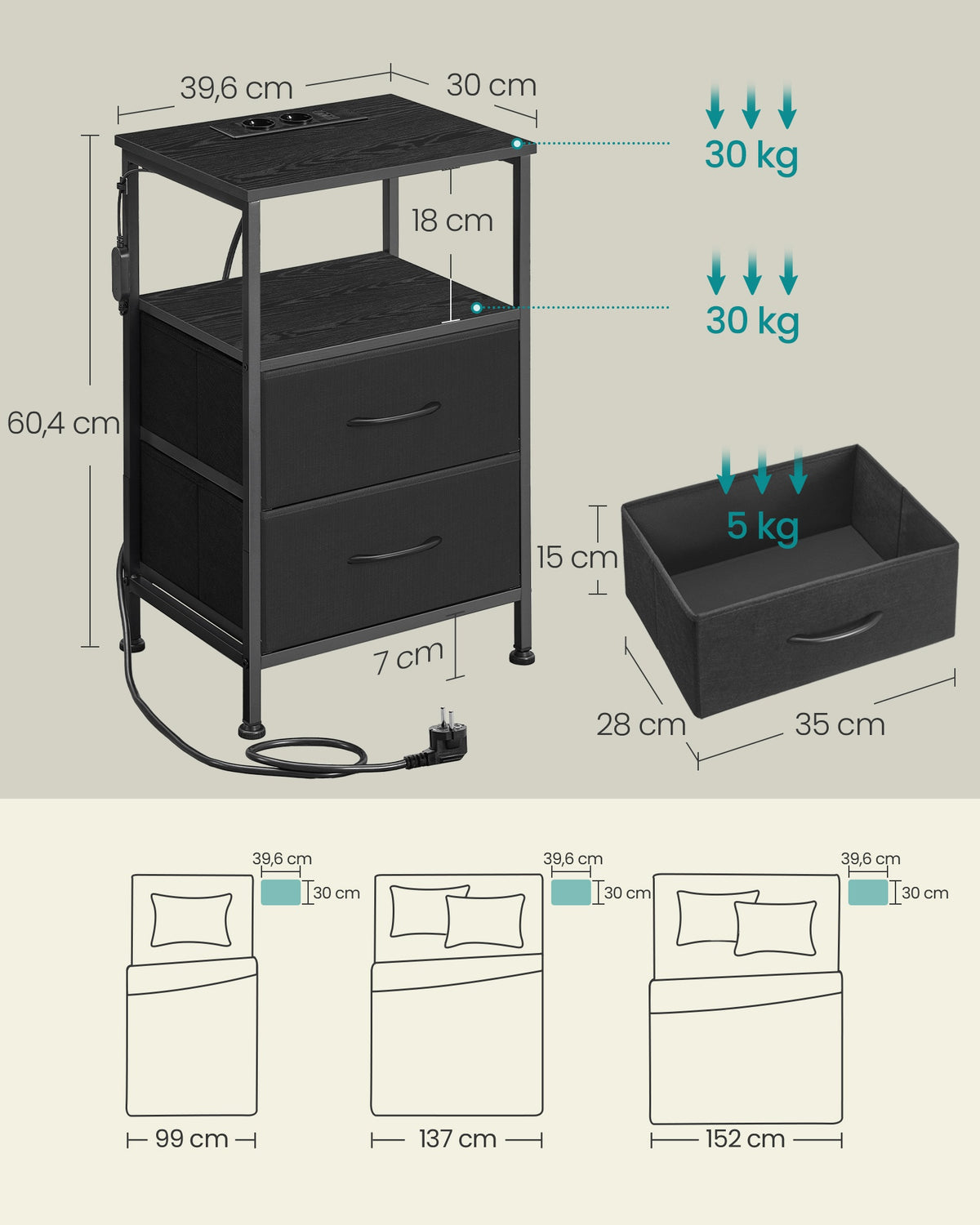 Nachtkastjes Set van 2 met Stopcontact en LED-verlichting