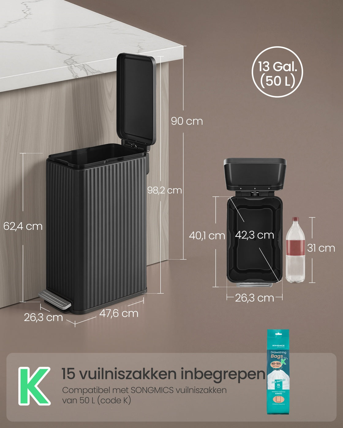 Pedaalemmer van 50 Liter met Softclose-deksel en Uitneembare Binnenemmer
