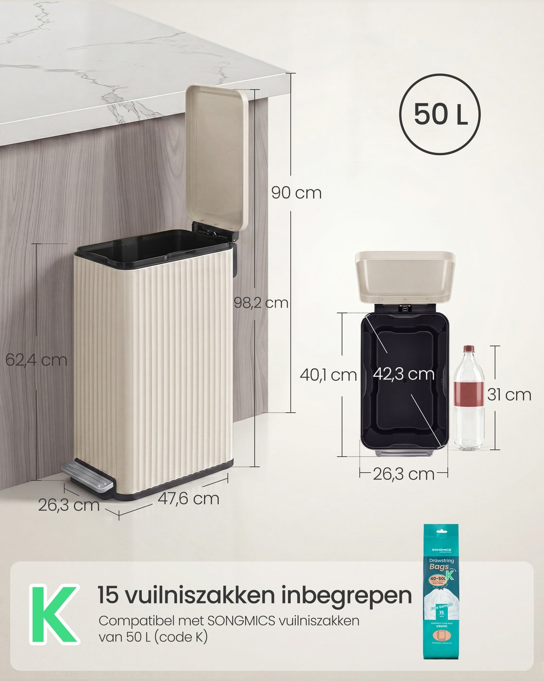 Pedaalemmer van 50 Liter met Softclose-deksel en Uitneembare Binnenemmer