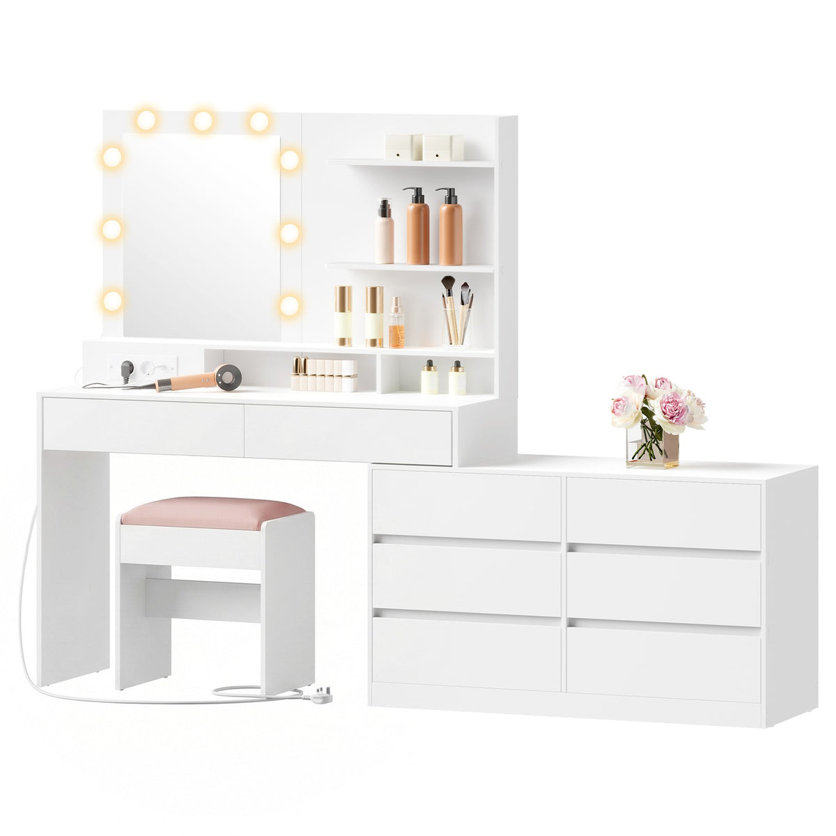 Kaptafel met Ledspiegel, 9 Lades en Stopcontact