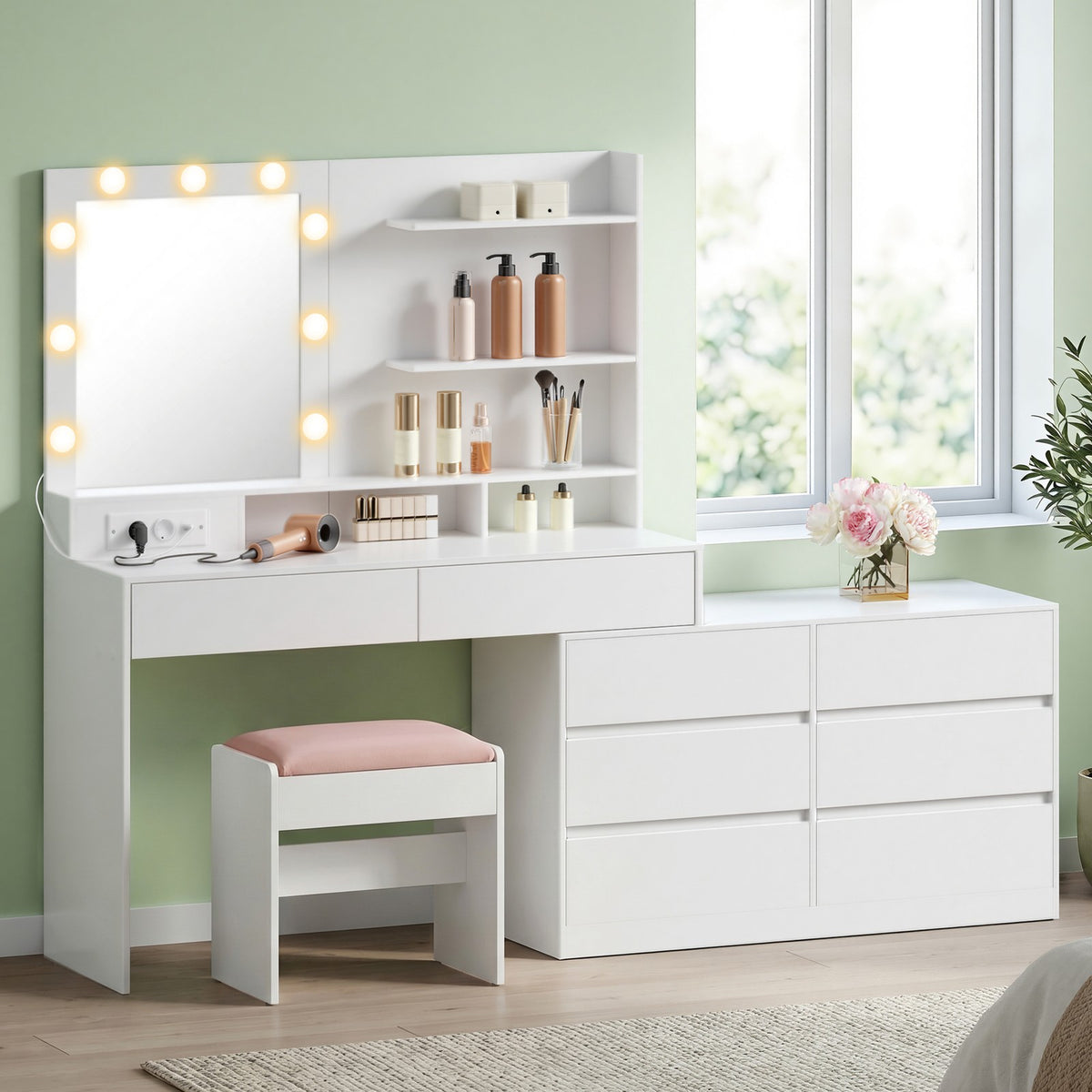 Kaptafel met Ledspiegel, 9 Lades en Stopcontact