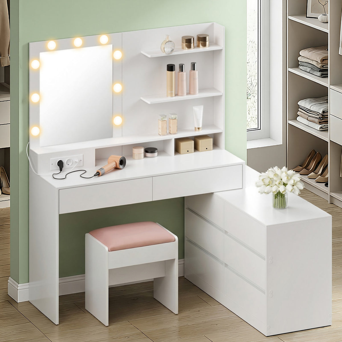 Kaptafel met Ledspiegel, 9 Lades en Stopcontact