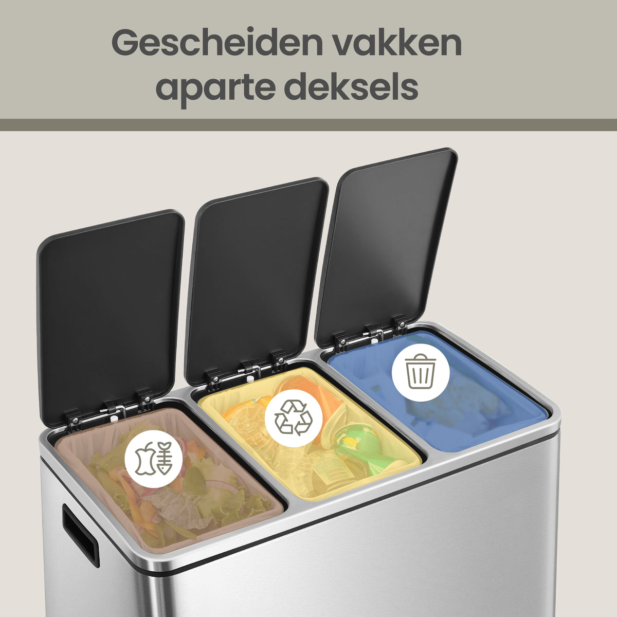 Afvalscheidingssysteem met Voetpedaal en 3 Binnenemmers van 18 Liter