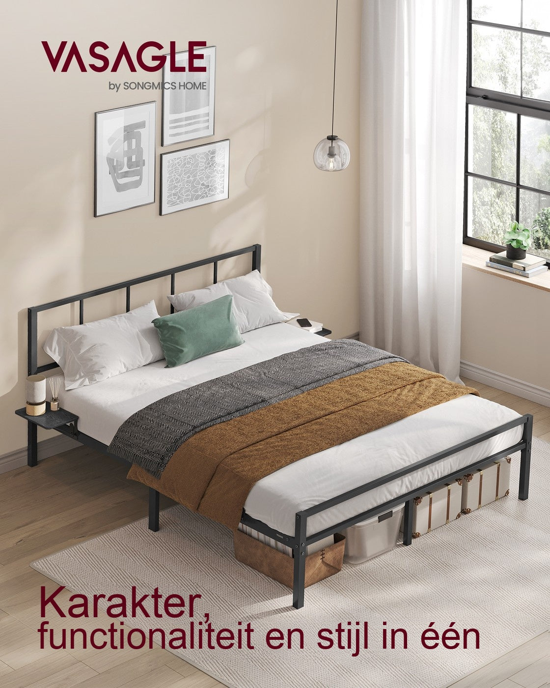 Metalen Bedframe met Hoofdbord en Opbergplanken 140 x 200 cm
